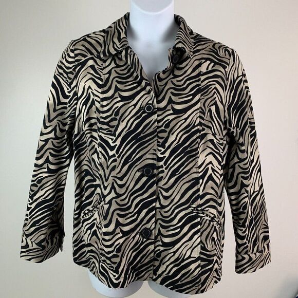 Chico's 3 or 16 Jacket Black Beige Zebra Pattern Long Sleeve Pockets - Picture 1 of 9